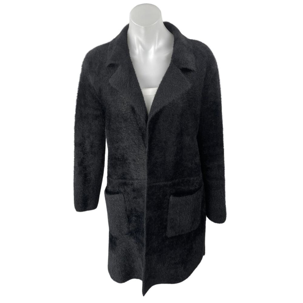 Rebecca Elliot Women's Black Faux Fur Long Sleeve Collar Trench Coat Jacket Sz S